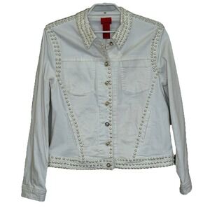 V Cristina Jean Jacket Womens Size Medium White w/ Pearl Accents Button Front